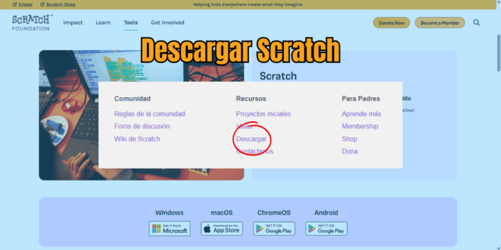 Captura de pantalla de la página oficial de descarga de Scratch 3.0