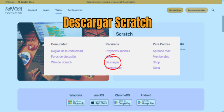 Captura de pantalla de la página oficial de descarga de Scratch 3.0