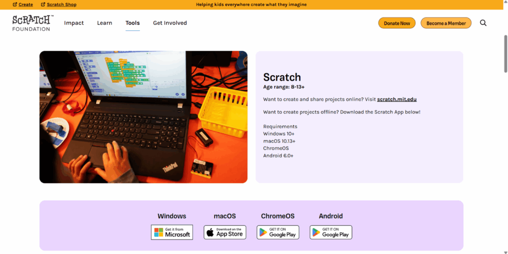 Captura de pantalla de la página oficial de descarga de Scratch 3.0